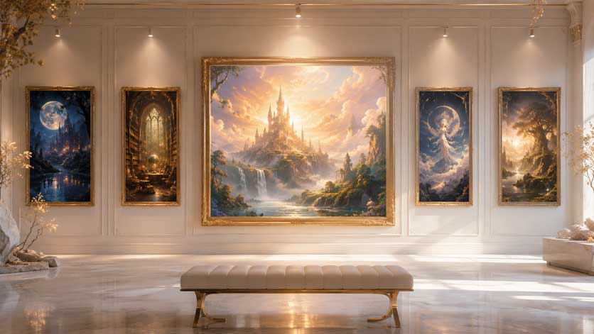 金縁の絵画が並ぶ白い展示室