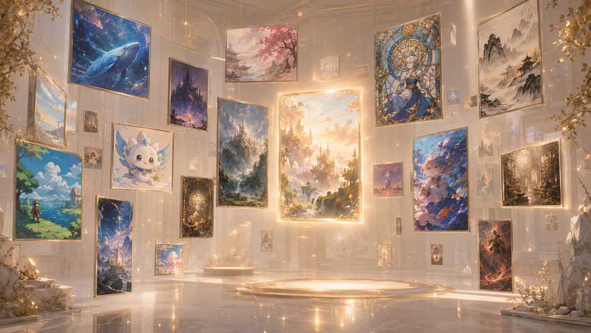 幻想的な作品が壁一面に飾られた展示空間
