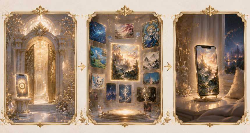 入館登録&rarr;作品を選ぶ&rarr;スマホに飾るの3ステップを表した挿絵